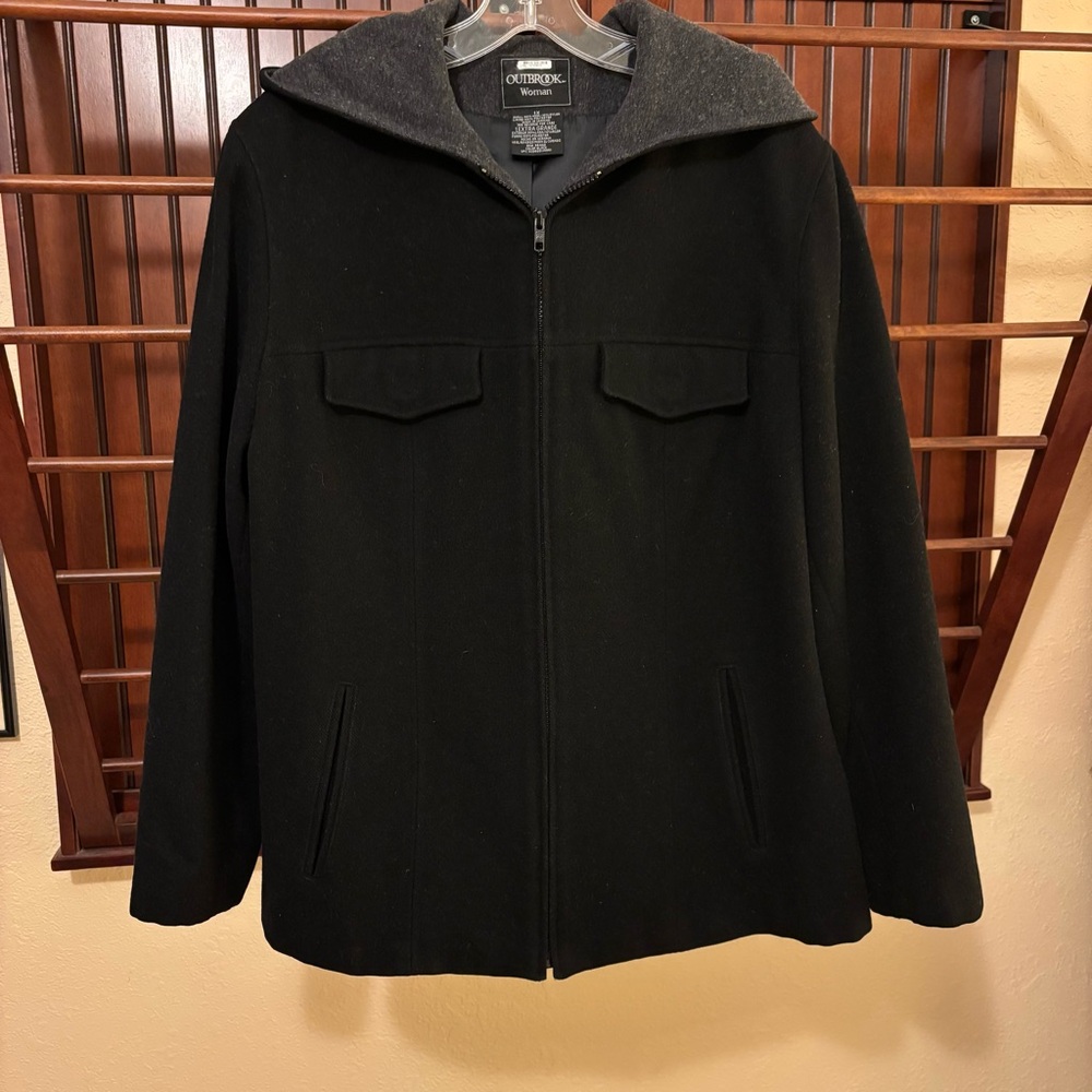 Outbrook women’s Black wool coat with Gray Hood